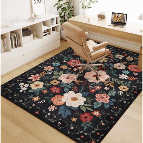 Floral Area Rugs, Machine Washable Rug for Living Room- Soft Indoor Carpet, Low Pile for Bedroom, Dining Room, Playroom, Office, Black