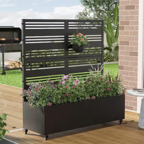 Metal Planter Box with Trellis with Wheels Black