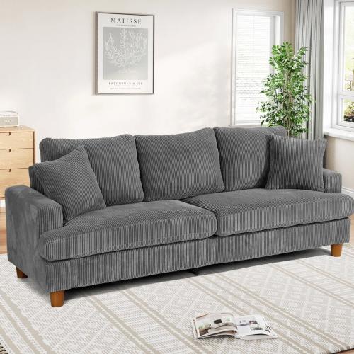 Gray 87Solid Wood Leg Corduroy 3-Person Sofa with 2 Pillows