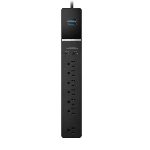 Rocketfish 7-Outlet/2-USB 2100 Joules Surge Protector Strip - Multiple-Outlet Extension Cord with Surge Protection - Power Strip with USB Ports - Travel & Home Extension Cord for Wall Outlets - Black