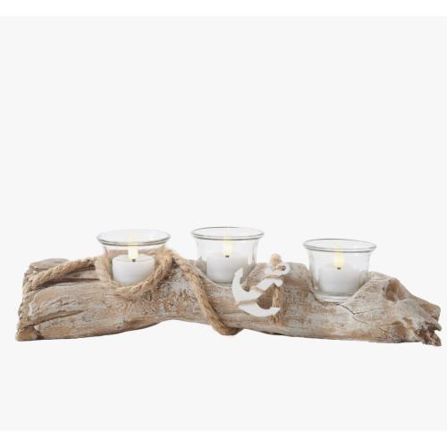 Studio 66 Anchors Centerpiece - Natural Wood Candle Holder & LED Tealights Set, Yellow