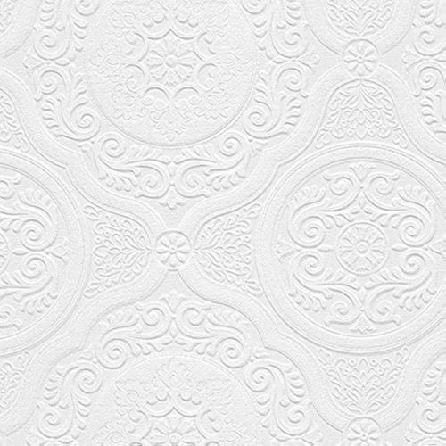 Norwall NW48932 Carter Series Vinyl Textured Paintable Floral Scroll Boarded Square Design Large Wallpaper Roll 21 W x 33'L White
