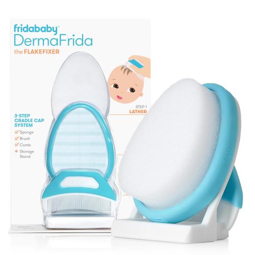 Frida Baby The 3-Step Cradle Cap System DermaFrida The FlakeFixer Sponge Brush Comb and Storage Stand for Babies with Cradle Cap White-Blue