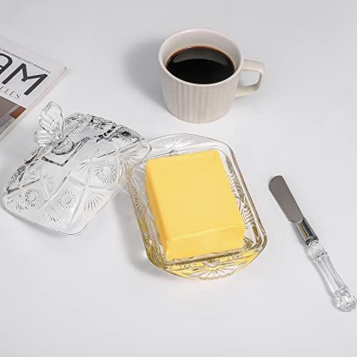 1500° C TABLETOP Glass Butter Dish with Lid and Stainless Steel Butter Knife Farm House Butterfly Handle Thick Cover European Butter Dishes Sun Flower Butter Keeper Sticks Kitchen Dishwasher Safe