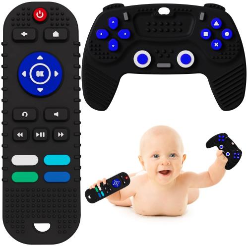 Baby Toddler Boy Girl Toys Gifts 6-12 Months Remote Control and Gamepad Shape Teething Toys Silicone Soft-Textured Baby Chew Toys Sensory Toys BPA Free (Black Remote Control and Black Game Handle)