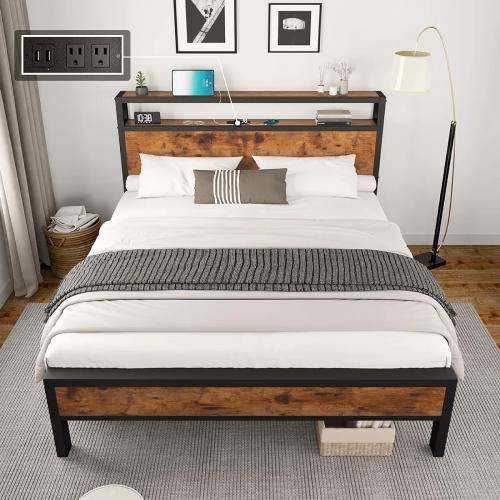 Queen Bed Frame With Storage Headboard and Charging Station Brown