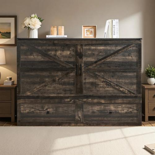 Wilkinson Farmhouse Full Murphy Bed with Large Storage Drawer & Charging Station, Gray