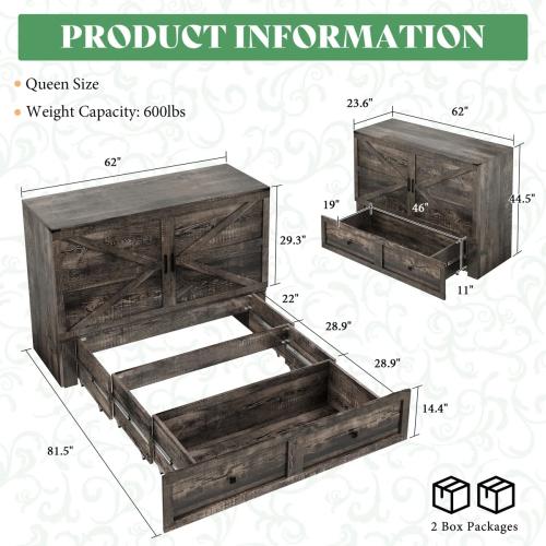 Wilkinson Farmhouse Full Murphy Bed with Large Storage Drawer & Charging Station, Gray