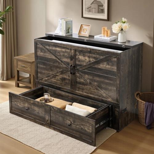 Wilkinson Farmhouse Full Murphy Bed with Large Storage Drawer & Charging Station, Gray