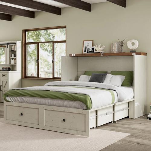Wilkinson Farmhouse Queen Murphy Bed with Large Storage Drawer & Charging Station, White