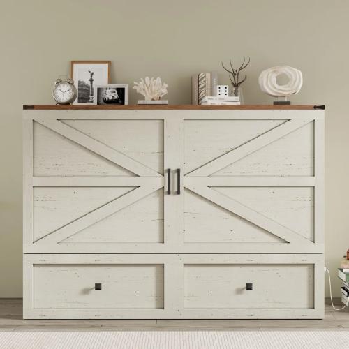 Wilkinson Farmhouse Queen Murphy Bed with Large Storage Drawer & Charging Station, White