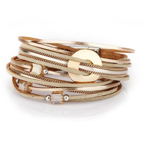Fesciory Leather Wrap Bracelets for Women Boho Leopard Multi-Layer Crystal Beads Cuff Bracelet Jewelry (Metal Disc(Gold))
