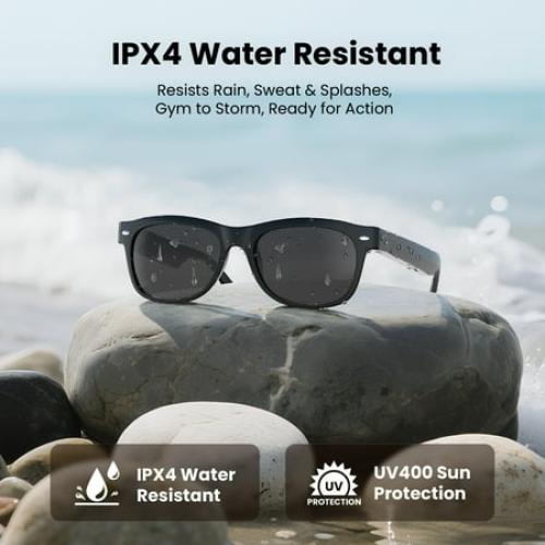 WeariQ Bluetooth Smart Glasses – Matte Black Audio Sunglasses – Black Polarized Lenses, Open-Ear Speaker, 10-Hour Playtime, Hands-Free Calls, Voice AssistantHands-Free Calls & Music