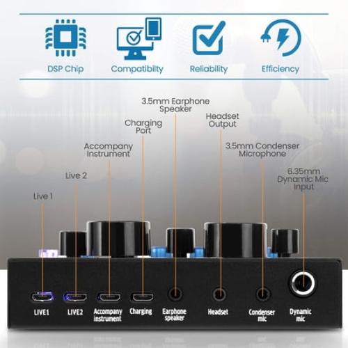 Pyle Bluetooth Mini Audio Podcast Mixer - Live Streaming For PC Computer iPhone Broadcasting Voice Changer V8 Sound Card with 12 Sound Effects,3 Inputs, Mic Input - PKSCRD208.5