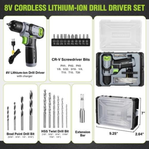 WORKPRO Cordless Power Drill Set with Stackable Tool Box, 8V Cordless Drill Driver and Bit Set, 2.0Ah Electric Cordless Screwdriver Kit with 3/8 Keyless Chuck, Portable Drill for Home Repair, DIY