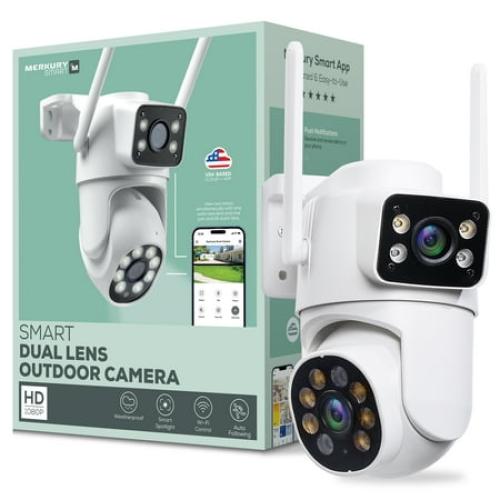 Merkury Smart Outdoor Camera 1080p - Dual Lens Pan-Tilt Security Cam, White (1-Pack)