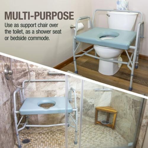DMI 500 lb Capacity Portable Drop-Arm Bedside Commode, Adjustable Extra-Wide Seat, Bucket and Lid Included, Adjustable Legs, Grey