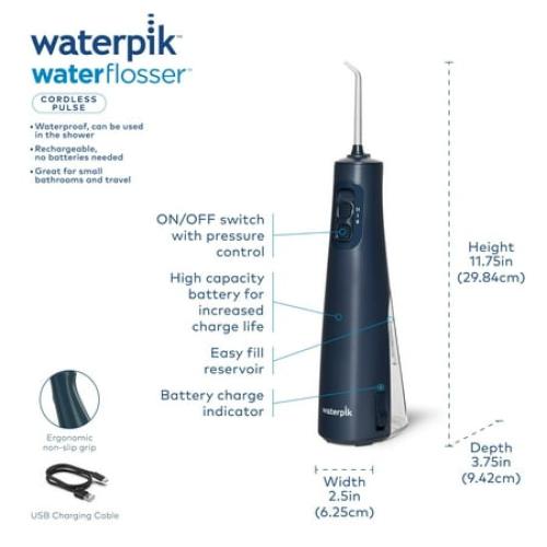 Color Blue Waterpik Cordless Pulse Rechargeable Portable Water Flosser for Teeth, Gums, Braces Care and Travel with 2 Flossing Tips, Waterproof, ADA Accepted, WF-20 Blue