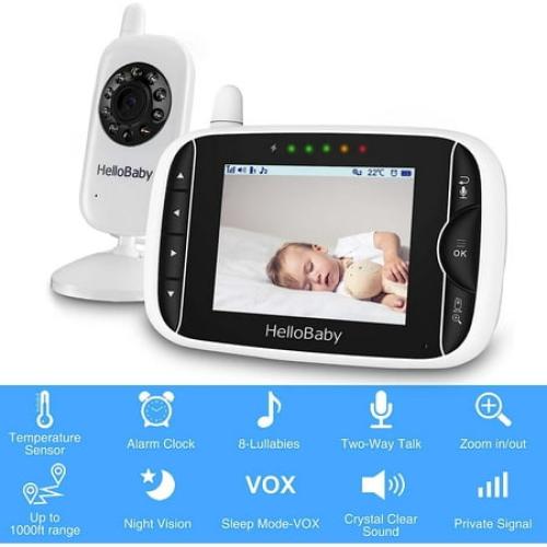 Video Baby Monitor with Camera and Audio, 3.2Inch LCD Display, Infrared Night Vision, Two-Way Audio and Room Temperature Monitoring,Lullaby,Sound Activated Screen HB