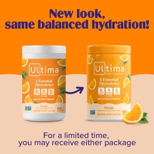 Ultima Replenisher Hydration Electrolyte Powder Drink Mix, Keto, Sugar-Free Orange, 90 Servings