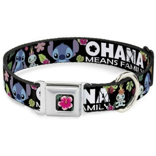Disney Pet Collar, Dog Collar Metal Seatbelt Buckle, Ohana Means Family Stitch Scrump Poses Tropical Flora Black, 9.5 to 13 Inches 1.0 Inch Wide
