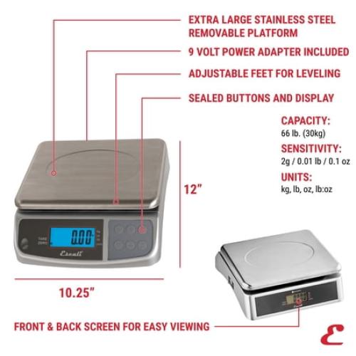 Escali M-Series NSF Certified Digital Kitchen & Industrial Scale, 66 lb Capacity, Dual Display, Spill-Proof, Stainless Steel
