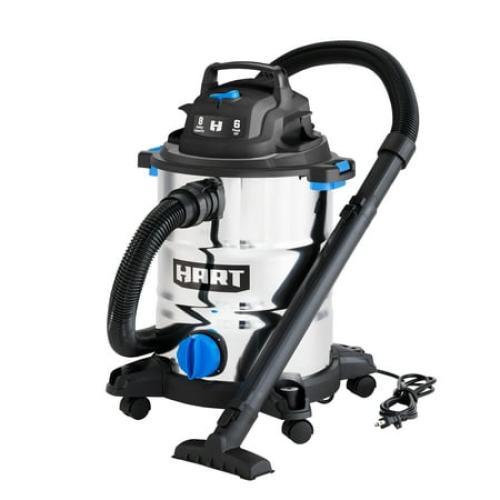 HART 8 Gallon Wet/Dry Vacuum, 6 Peak HP Motor, Stainless Steel Tank, Convertible to Blower, On-Board Storage, 17 ft Cleaning Reach