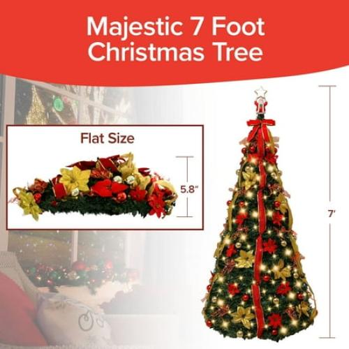 Superstar Santa Pop-Up Christmas Tree, AS-SEEN-ON-TV, Santa Topper Projects North Star, 7 Feet, Opens Instantly, Fully Decorated, Pre-Lit w/ 200 LED Lights, 7 colors, 32 Modes w/ Remote, Stores Flat