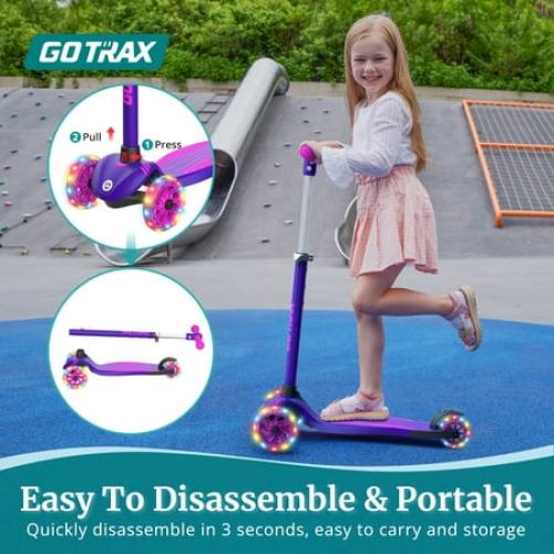 Color purple GOTRAX KS1 Kids Kick Scooter, Toddler Scooter 3 Wheel with LED Lighted, 3 Adjustable Handlebars, Suitable for Boys and Girls Ages 2~8 Children and Max Load 100 lbs, Purple