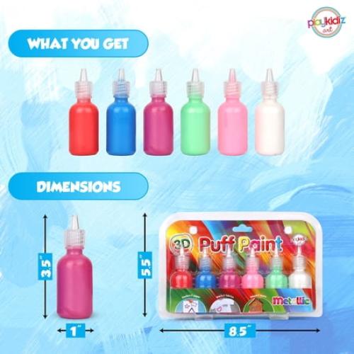 Playkidiz 3-D Art Metallic Puff Paint For Kids, 6 Pack Color Pack Squeeze Paint, Non Toxic Puff Paint Set, Washable Fabric Paint, Classic Colors, Ages 3 .