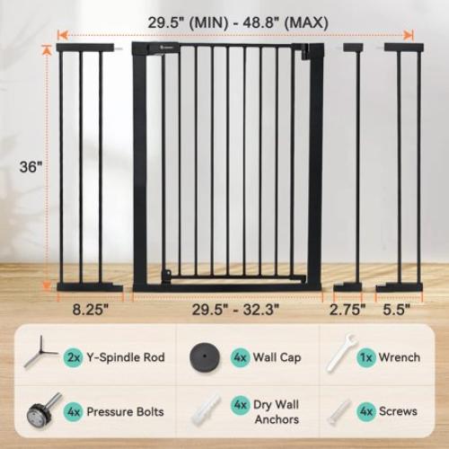 COMOMY 36 Extra Tall Baby Gate for Stairs Doorways, Fits Openings 29.5 to 48.8 Wide, Auto Close Extra Wide Dog Gate for House, Pressure Mounted Easy Walk Through Pet Gate with Door,