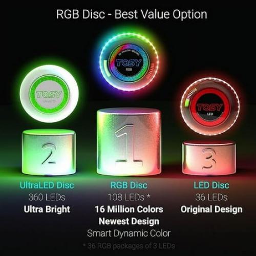 TOSY Flying Disc - 16 Million Color RGB or 36 LEDs, Extremely Bright, Smart Modes, Auto Light Up, Rechargeable, Cool Fun Christmas, Birthday & Camping Gift for Men/Boys/Teens/Kids, 175g frisbee