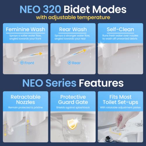 LUXE Bidet NEO 320 - Hot and Cold Water Bidet Attachment, Self-Cleaning, Rear and Feminine Wash White