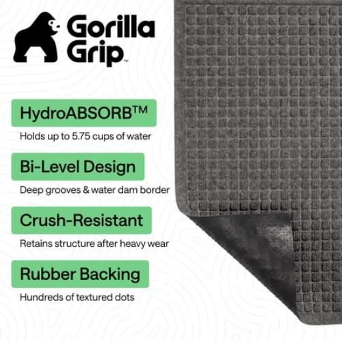GORILLA GRIP HydroAbsorb Doormat, Indoor Outdoor Rubber Backed Weather Mat, 35x23, Grey
