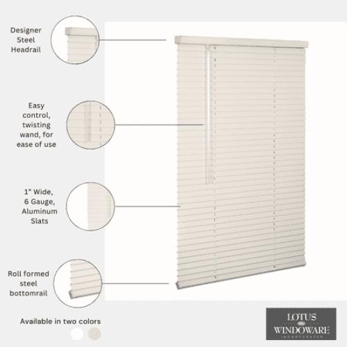 Size 40 x 60 Lotus & Windoware Cordless 1 Aluminum Light Filtering Horizontal Mini Blind, Alabaster, Smooth