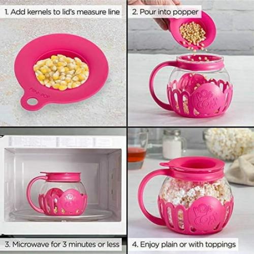 Ecolution Original Microwave Micro-Pop Popcorn Popper, Borosilicate Glass, 3-in-1 Silicone Lid, Dishwasher Safe, BPA Free, 1.5 Quart - Snack Size, Pink