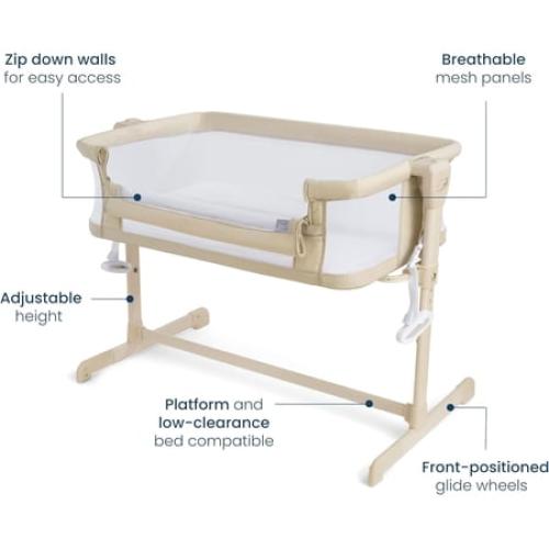 HALO BassiNest 2-in-1 Height-Adjustable Bedside Sleeper with Mattress Pad and Fitted Sheet, Oat