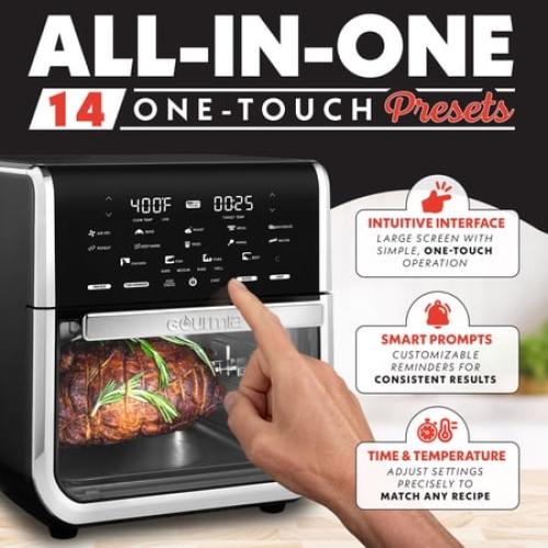 (FOOT BROKE UNUSED) Gourmia All-in-One 14-Quart Air Fryer, Oven, Rotisserie, Dehydrator with Temperature Probe, Stainless Steel