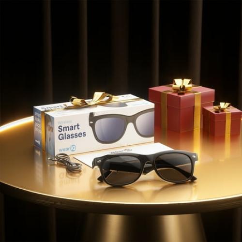 WeariQ Bluetooth Smart Glasses – Shiny Black Audio Sunglasses – Black Polarized Lenses, Open-Ear Speaker, 10-Hour Playtime, Hands-Free Calls, Voice AssistantHands-Free Calls & Music