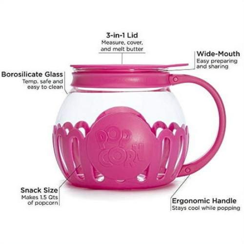 Ecolution Original Microwave Micro-Pop Popcorn Popper, Borosilicate Glass, 3-in-1 Silicone Lid, Dishwasher Safe, BPA Free, 1.5 Quart - Snack Size, Pink