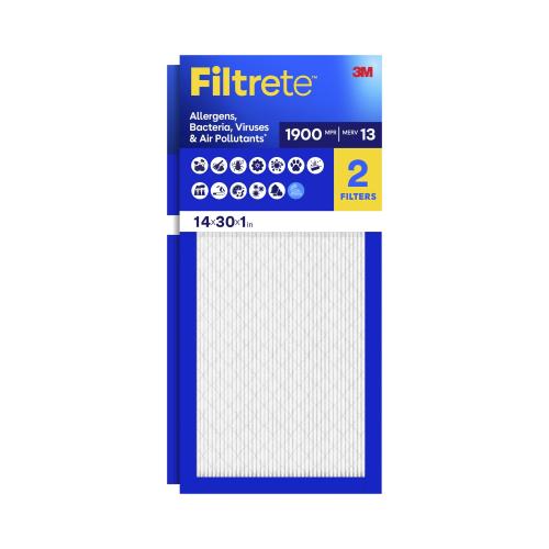 Filtrete 14x30x1 HVAC Furnace Air Filter, MPR 1900 MERV 13, Allergens Bacteria, Viruses & Air Pollutants, 2 Pack