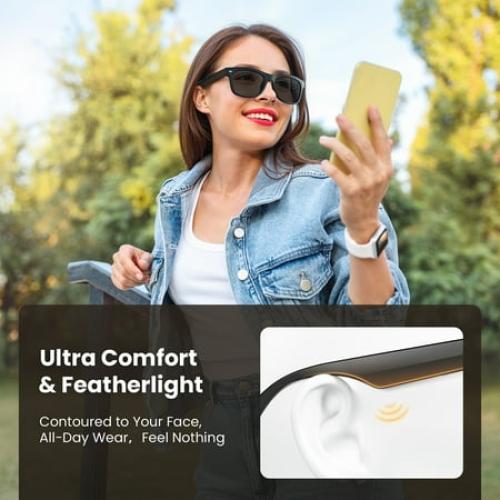 WeariQ Bluetooth Smart Glasses – Matte Black Audio Sunglasses – Black Polarized Lenses, Open-Ear Speaker, 10-Hour Playtime, Hands-Free Calls, Voice AssistantHands-Free Calls & Music