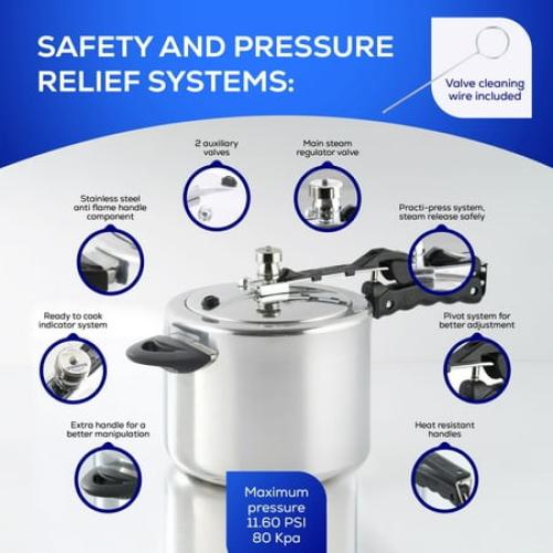 Size  6.3Qt / 6L Pressure Cooker for 7 Servings, With Multiple Safety Systems and Heat Resistant Handles For Can, Soup, Meat and Beans