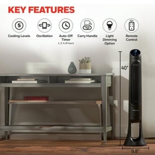 Honeywell 40 Black Quiet Set Oscillating Tower Fan, 30ft Air Circulation Power, 5 Speed, Auto Off Timer, HYF260B