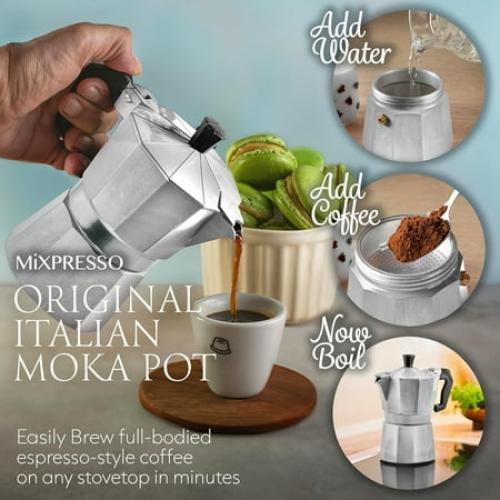 Mixpresso 3 Cup Moka Pot Coffee Maker for Gas, Electric Stove Top, Classic Italian Espresso Maker, Stovetop for Camping, Makes 5 Oz Cuban Coffee