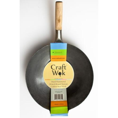 Craft Wok Traditional Hand Hammered Carbon Steel Pow Wok with Wooden and Steel Helper Handle (14 Inch, Round Bottom) / 731W88