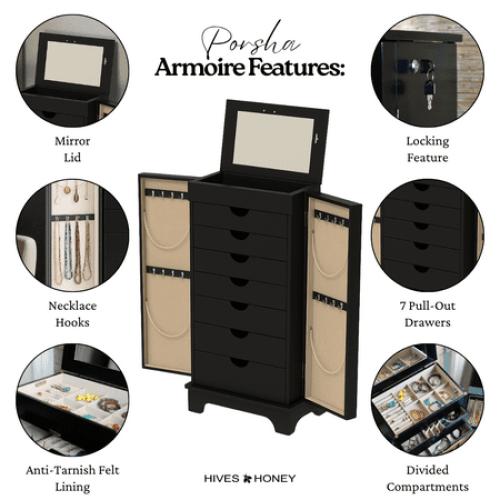 Hives & Honey Port Elegant Charcoal Jewelry Armoire: Freestanding, Lockable Wooden Cabinet for Women ***WHITE***