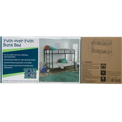 Your Zone Kids Metal Twin over Twin Quad Bunk Bed with Ladder and Guardrails, Black