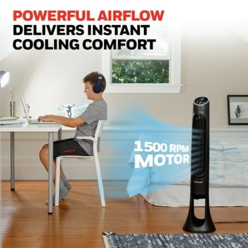 Honeywell 40 Black Quiet Set Oscillating Tower Fan, 30ft Air Circulation Power, 5 Speed, Auto Off Timer, HYF260B