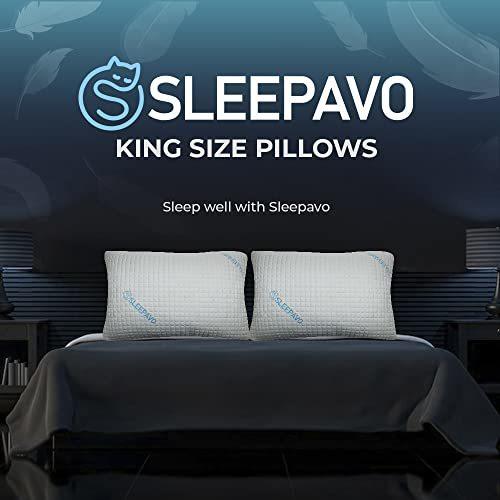 Sleepavo Memory Foam Pillows - Cooling Bed Pillows for Sleeping for Back Stomach and Side Sleeper - Firm Cool Shredded Memory Foam Pillows for Bed (Firm King (Pack of 2))